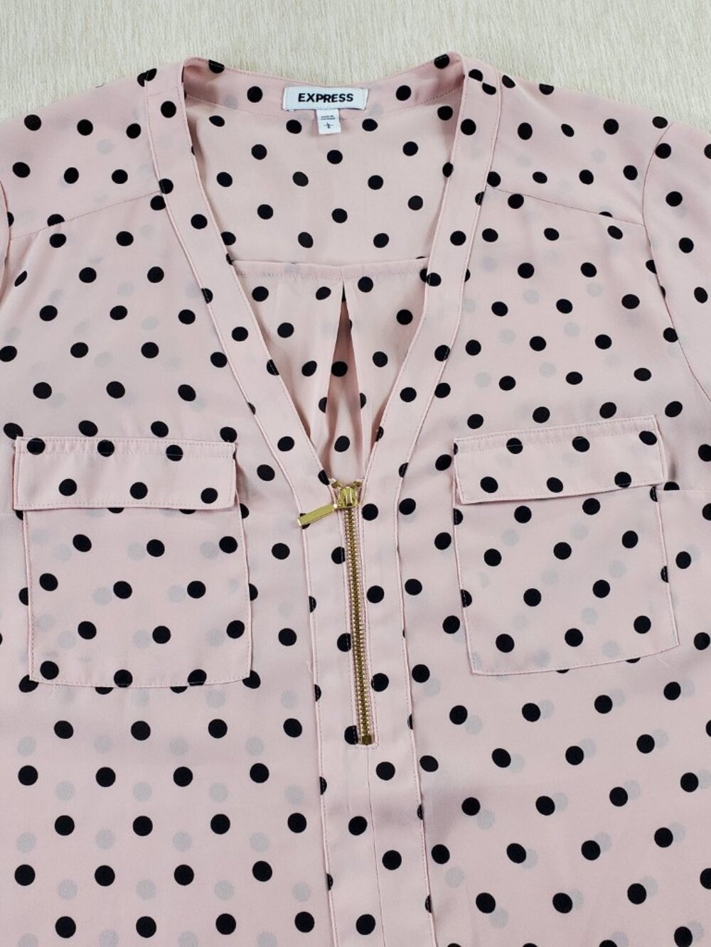 Express Sheer Blouse Large Pink/Black Polka Dot Zip V-Neck Roll Tab Sleeve